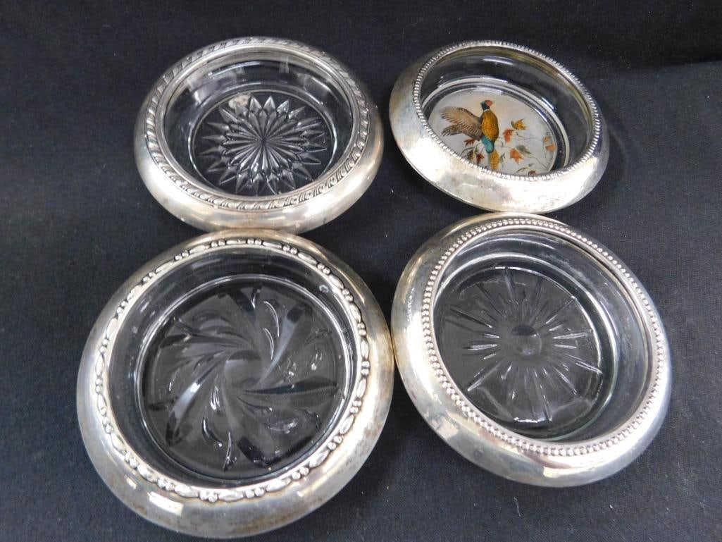 Sterling Silver - 3 Mismatched Glass Coasters - Weighted - 6