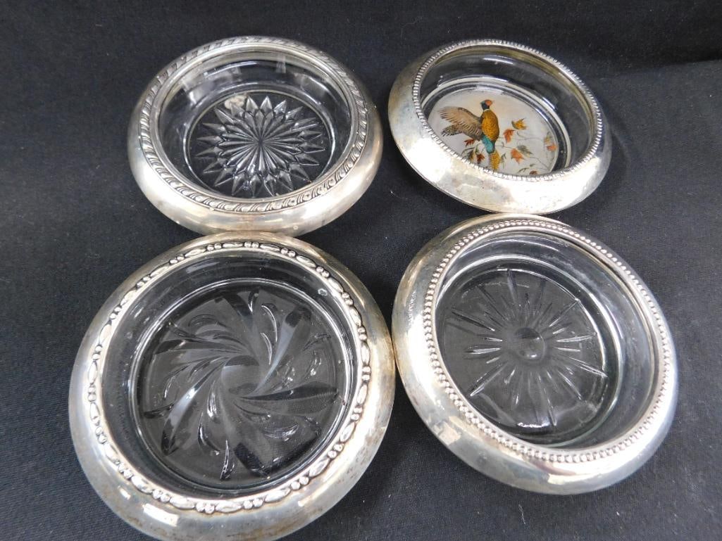 Sterling Silver - 3 Mismatched Glass Coasters - Weighted - 7