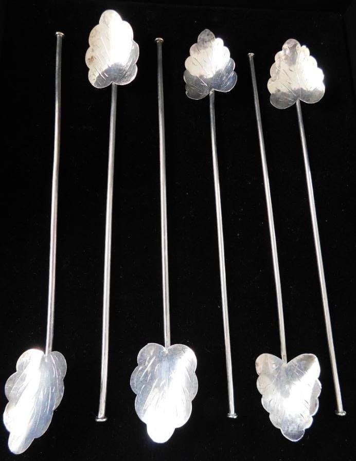 Sterling Silver - 6 Leaf Shaped Iced Tea Straw Spoons - 7.5" - 24 Grams: See Photos For Condition and Details