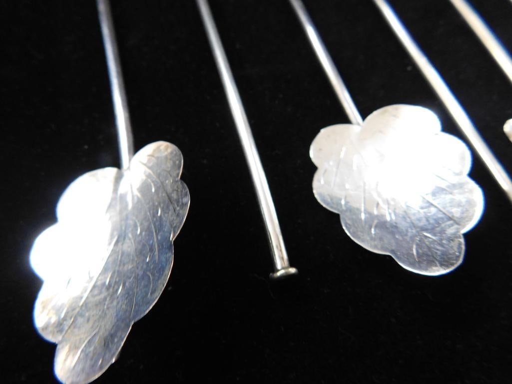 Sterling Silver - 6 Leaf Shaped Iced Tea Straw Spoons - 7.5" - 24 Grams - 3