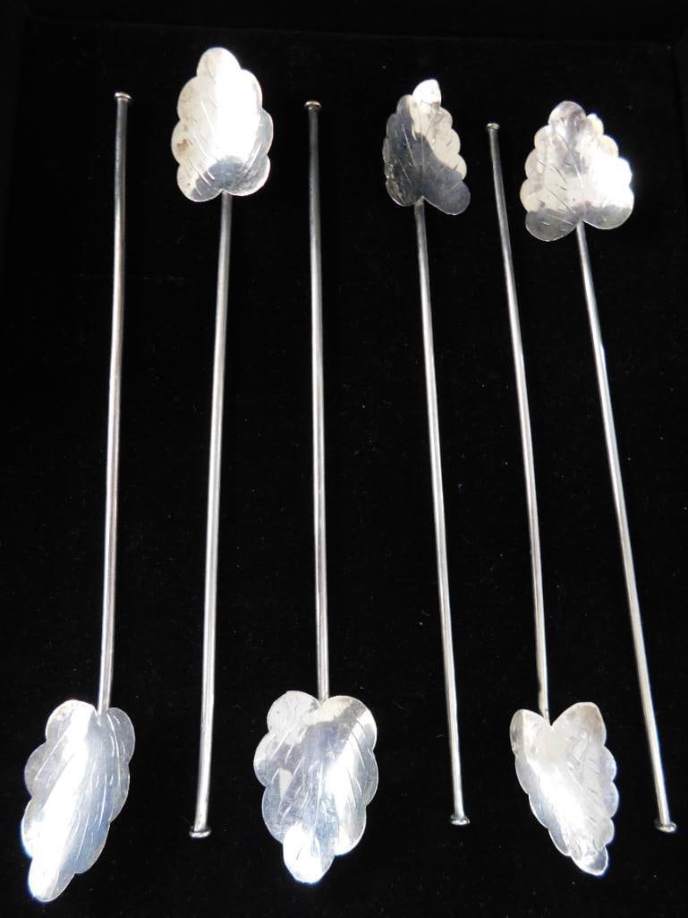 Sterling Silver - 6 Leaf Shaped Iced Tea Straw Spoons - 7.5" - 24 Grams - 6