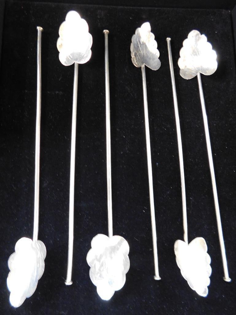 Sterling Silver - 6 Leaf Shaped Iced Tea Straw Spoons - 7.5" - 24 Grams - 7