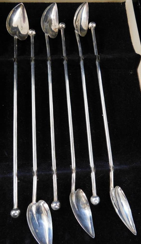 Sterling Silver - 6 Leaf Shaped Iced Tea Straw Spoons - 8" - 38 Grams: See Photos For Condition and Details