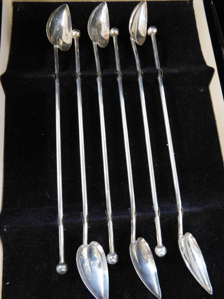 Sterling Silver - 6 Leaf Shaped Iced Tea Straw Spoons - 8" - 38 Grams - 6