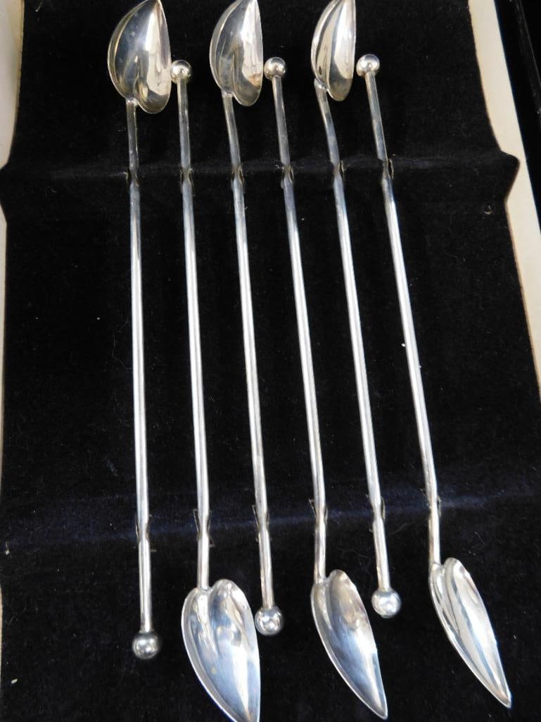 Sterling Silver - 6 Leaf Shaped Iced Tea Straw Spoons - 8" - 38 Grams - 7
