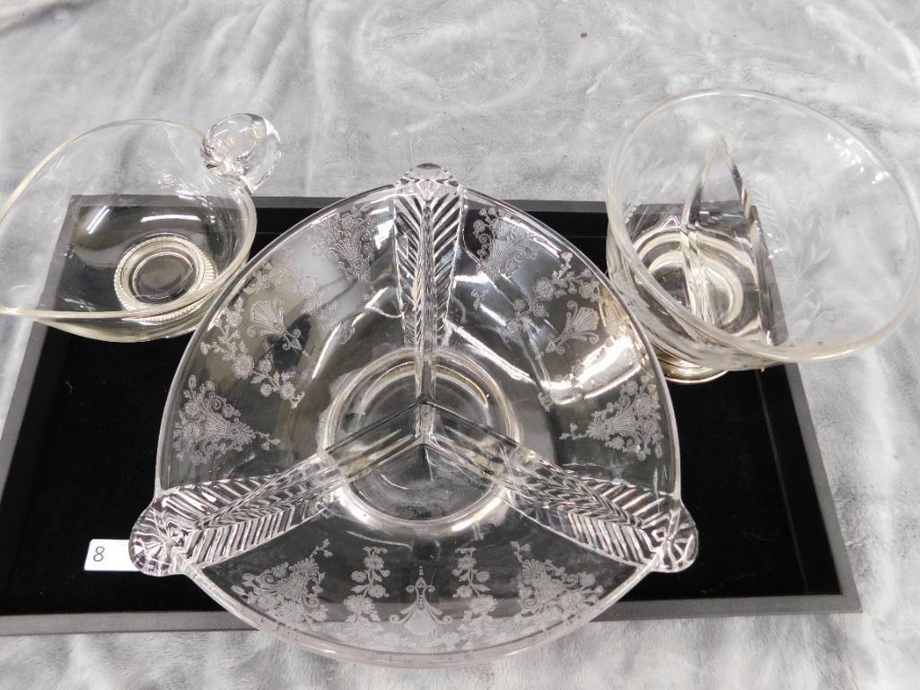Sterling Silver - 3 Footed Glass Bowls - Weighted - 11