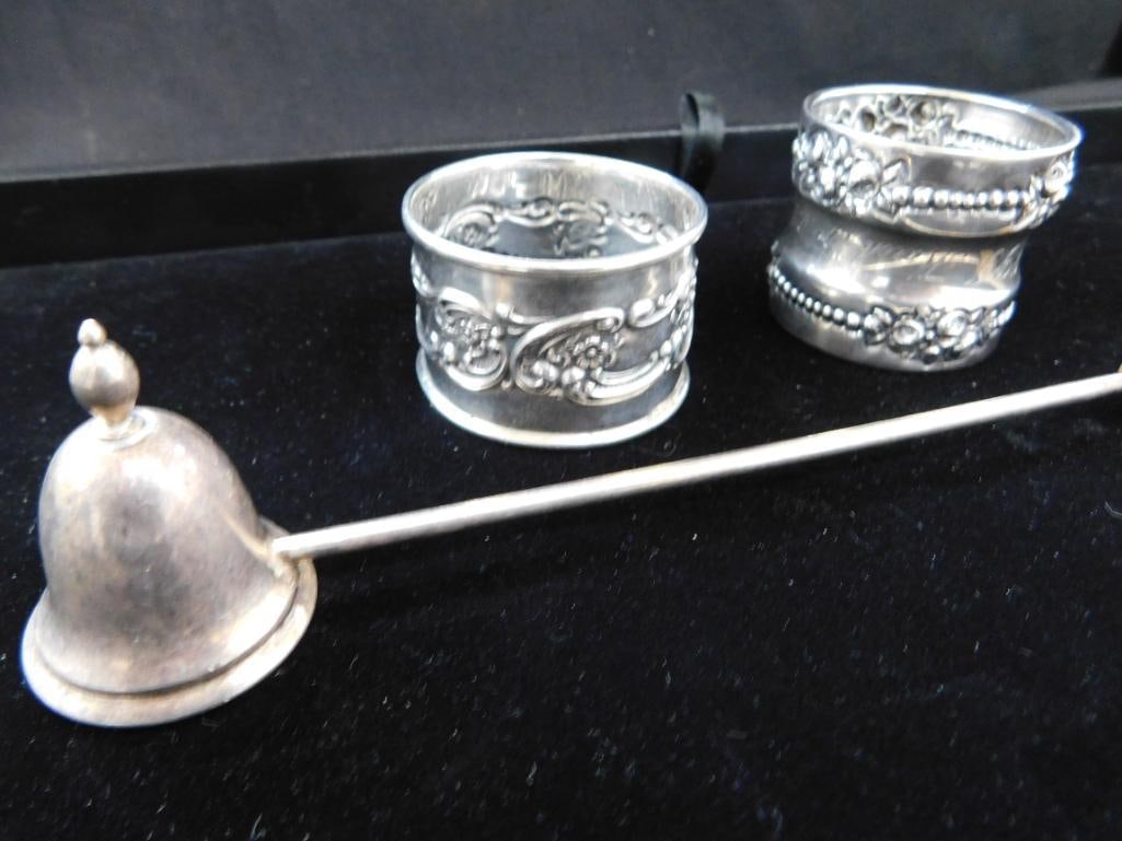 Sterling Silver - 2 Monogrammed Napkin Rings - 1 Candle Snuffer - 66 Grams TW - 7