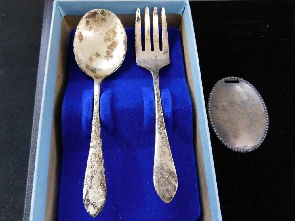 Sterling Silver - Childs Fork and Spoon - Monogrammed Watch Fob - 36 Grams - 7
