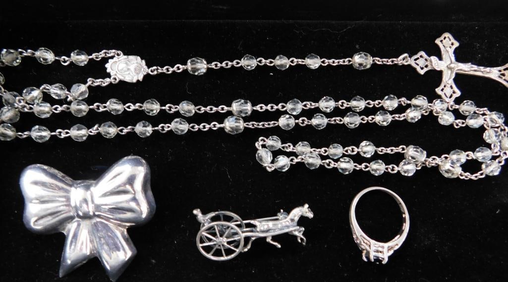 Sterling Silver - Size 7 Ring - Rosary - Taxco Bow Pin - Jokey Pin - 40 Grams TW: Ring Has Blue Stone - See Photos For Condition and Details