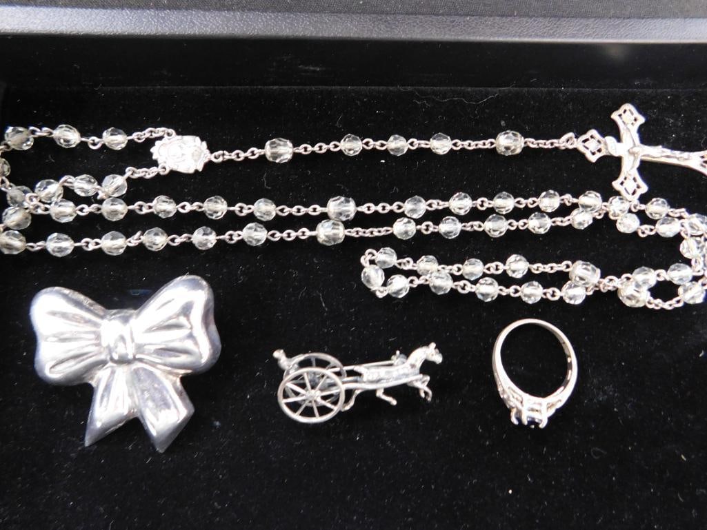 Sterling Silver - Size 7 Ring - Rosary - Taxco Bow Pin - Jokey Pin - 40 Grams TW - 2