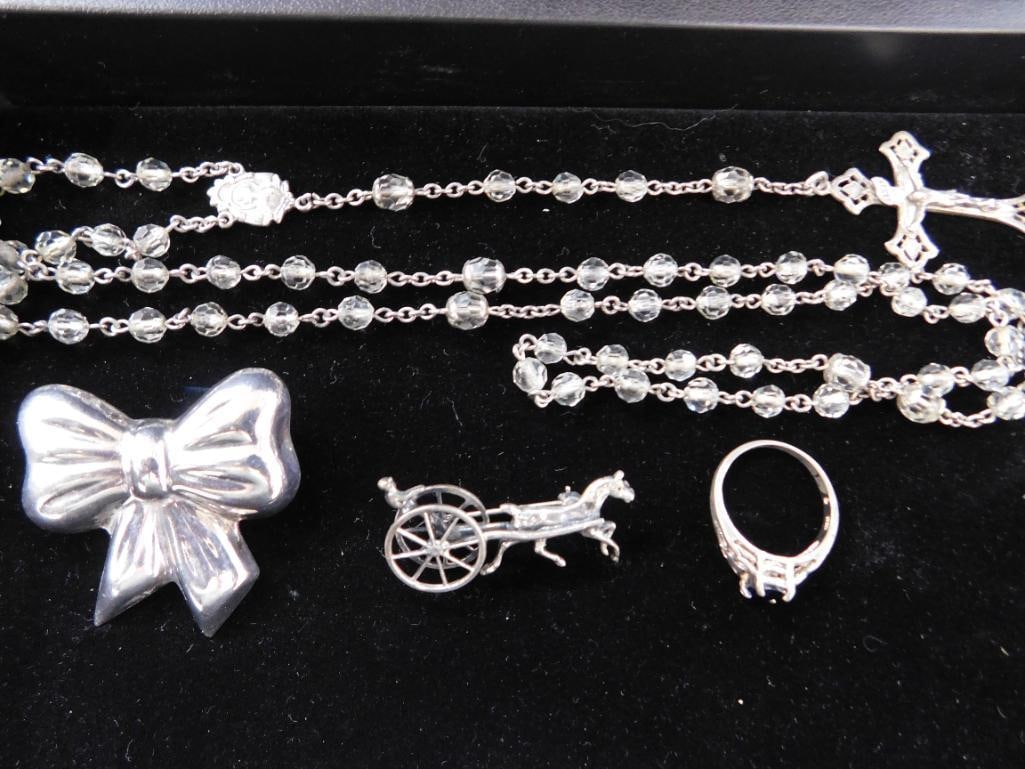 Sterling Silver - Size 7 Ring - Rosary - Taxco Bow Pin - Jokey Pin - 40 Grams TW - 7