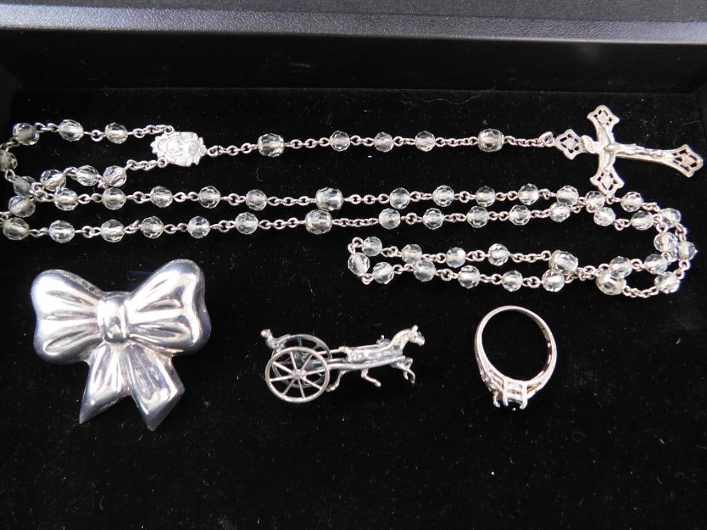Sterling Silver - Size 7 Ring - Rosary - Taxco Bow Pin - Jokey Pin - 40 Grams TW - 8