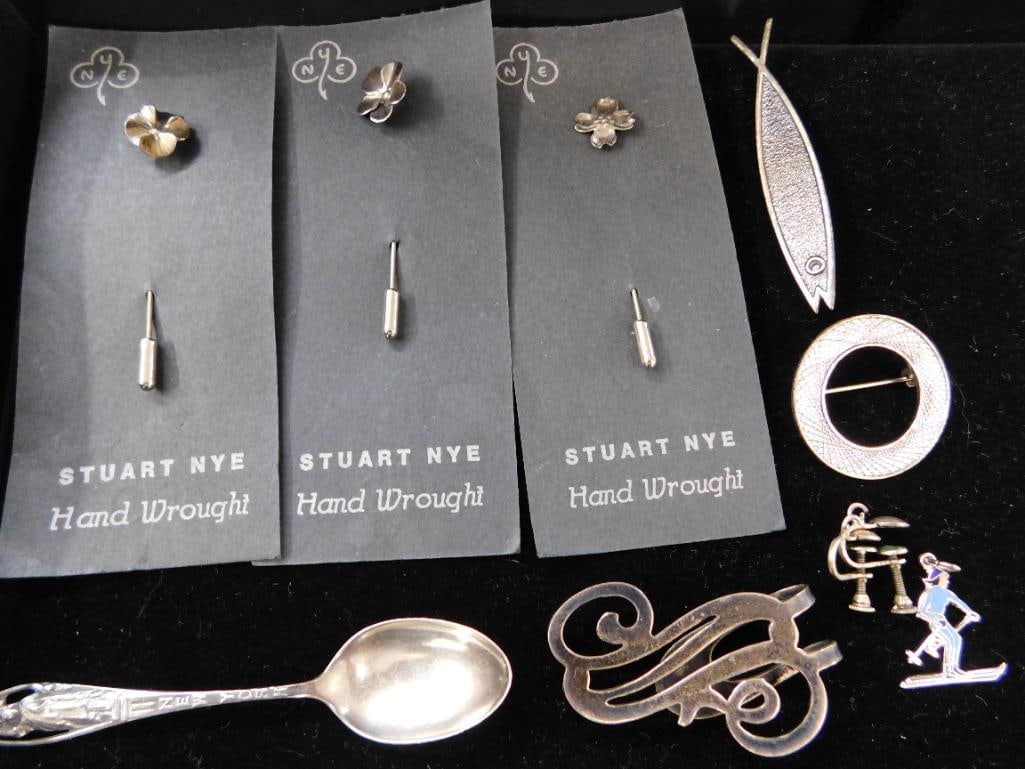 Sterling Silver - Tiny Spoon - Napkin Clip - 4 Stuart Nye Pins - Charm - 2 pins - 24.3 Grams - 10