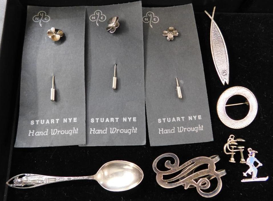 Sterling Silver - Tiny Spoon - Napkin Clip - 4 Stuart Nye Pins - Charm - 2 pins - 24.3 Grams (1 of 10)