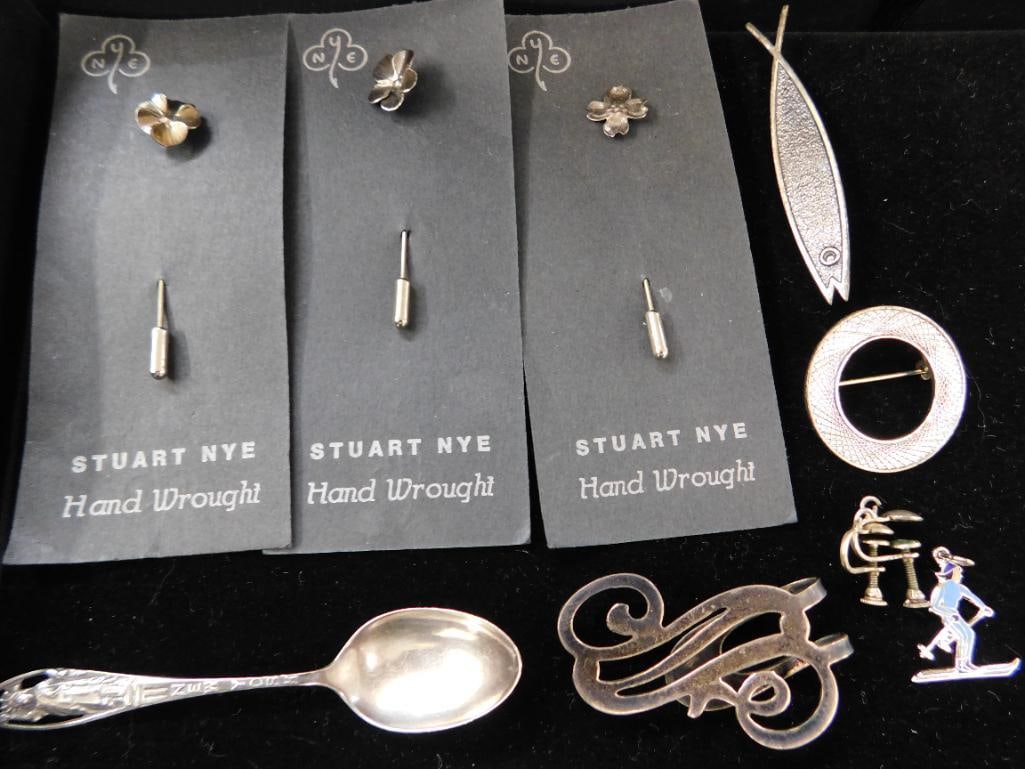 Sterling Silver - Tiny Spoon - Napkin Clip - 4 Stuart Nye Pins - Charm - 2 pins - 24.3 Grams - 9