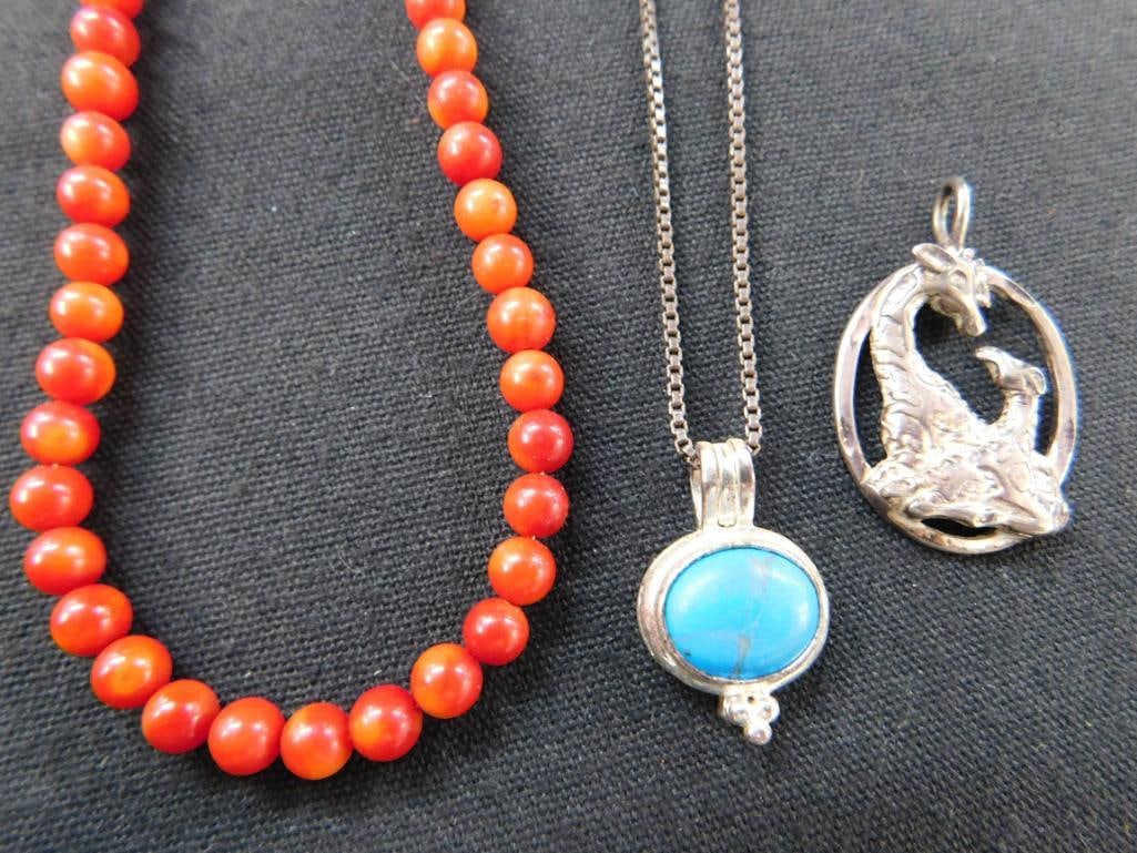 Sterling Silver - 20" Chain Necklace - 18" Coral Necklace - Charm - 11 Grams Plus: See Photos For Condition and Details