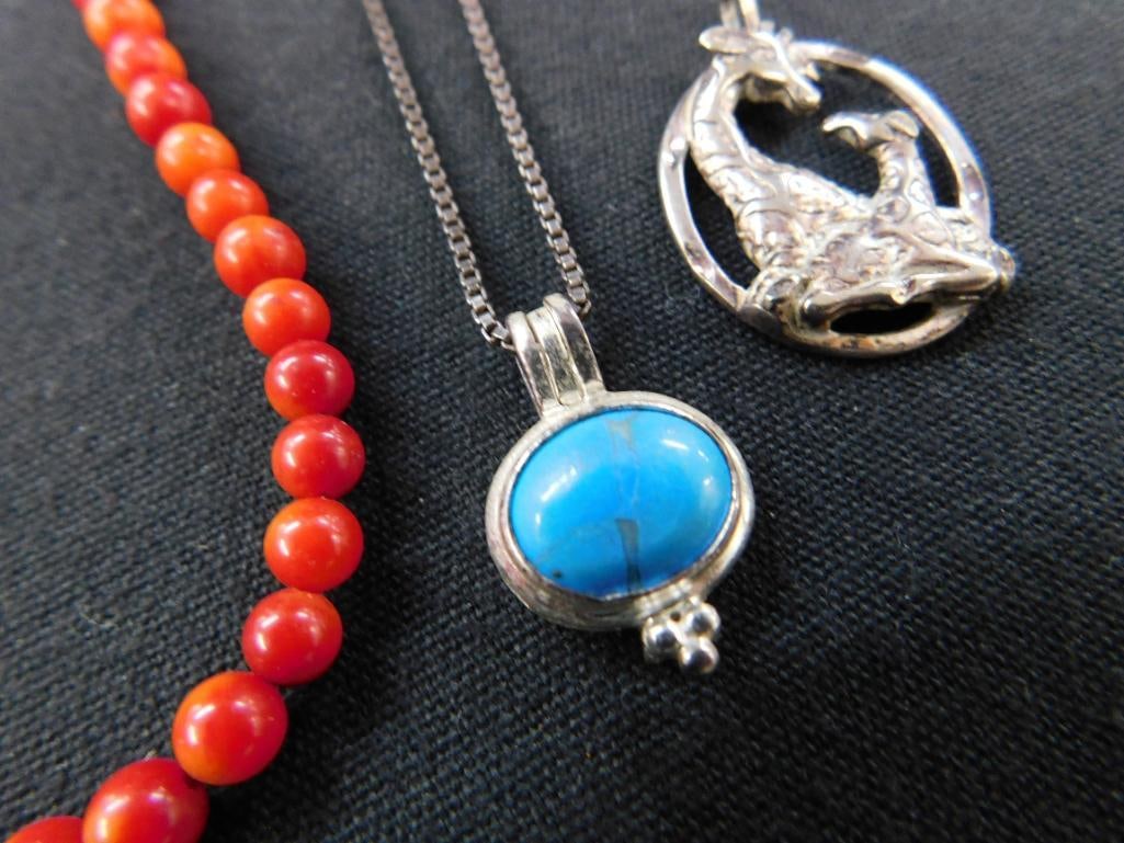 Sterling Silver - 20" Chain Necklace - 18" Coral Necklace - Charm - 11 Grams Plus - 3