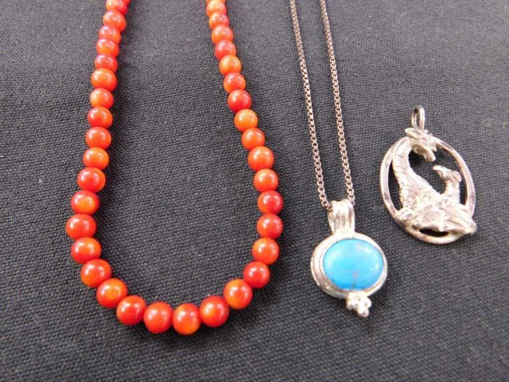 Sterling Silver - 20" Chain Necklace - 18" Coral Necklace - Charm - 11 Grams Plus - 6