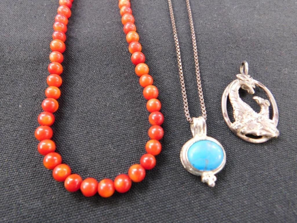 Sterling Silver - 20" Chain Necklace - 18" Coral Necklace - Charm - 11 Grams Plus - 7