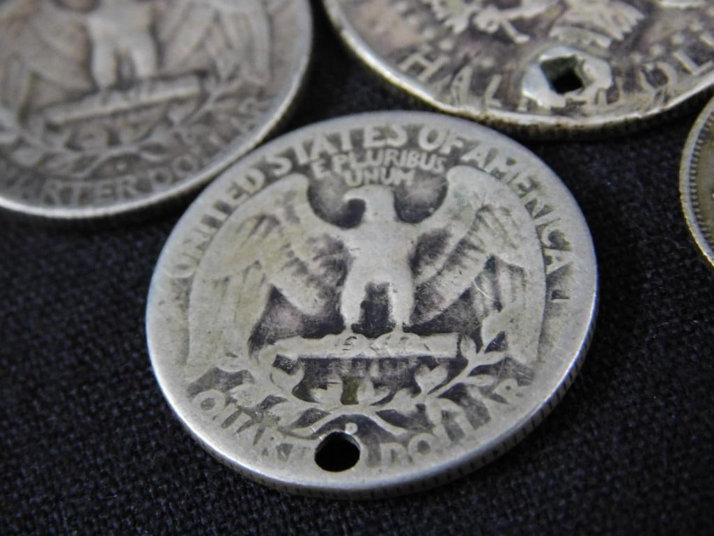 Sterling Silver - 5 Coins - 2 With Holes - 33 Grams - 11