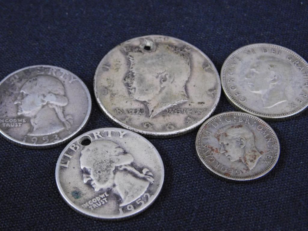 Sterling Silver - 5 Coins - 2 With Holes - 33 Grams - 13