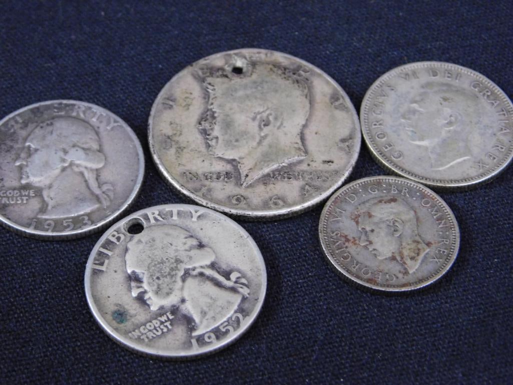 Sterling Silver - 5 Coins - 2 With Holes - 33 Grams - 14