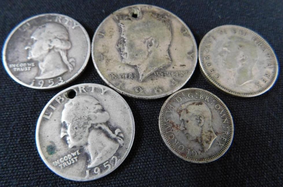 Sterling Silver - 5 Coins - 2 With Holes - 33 Grams: See Photos For Condition and Details