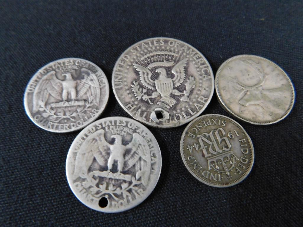 Sterling Silver - 5 Coins - 2 With Holes - 33 Grams - 7