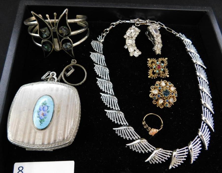 Tray Lot of Misc. Costume Jewelry with Compact: See Photos For Condition and Details