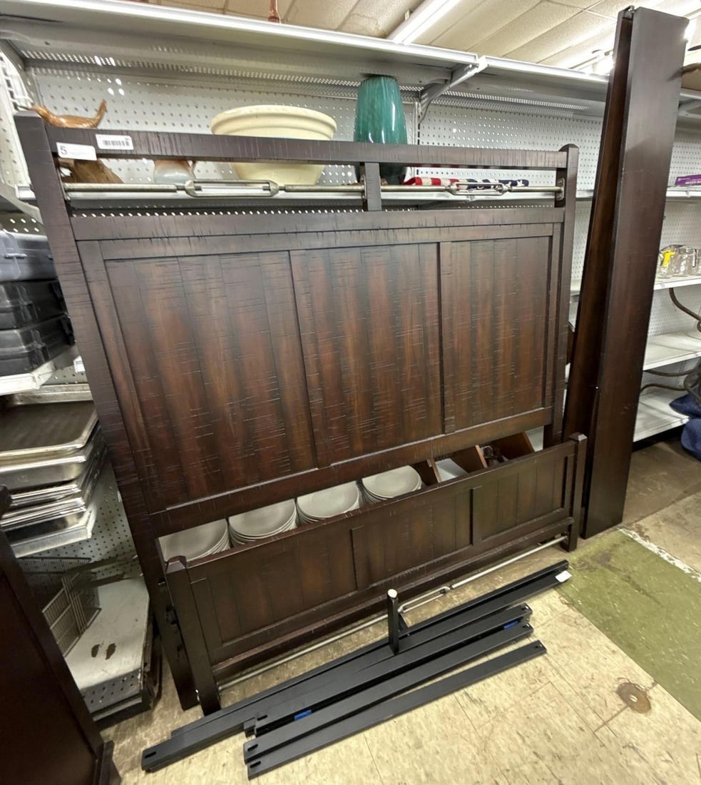 Havertys queen size industrial bed: Comes with headboard, footboard railings, and frame. Intentional distress. 66" Tall