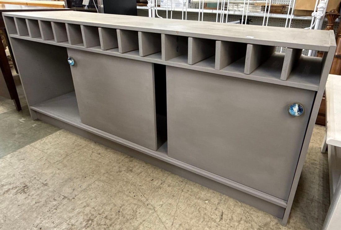 Long gray painted sideboard: Sectional compartments on top and two sliding doors below - 30" x 72" x 20"