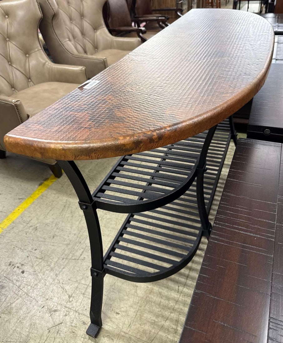 copper and wrought iron Demi Lune Console table: 36" x 68" x 21"