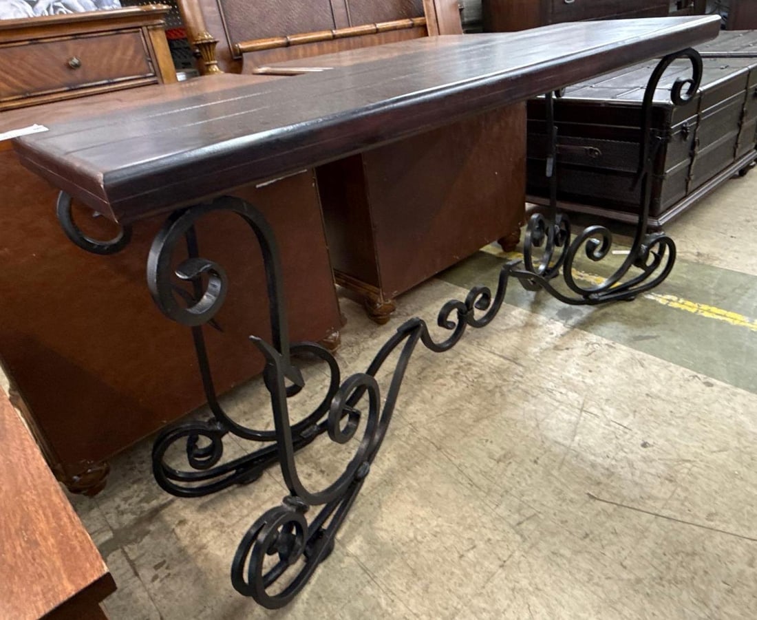 wrought iron and wood sofa table: 31" x 60" x 18"