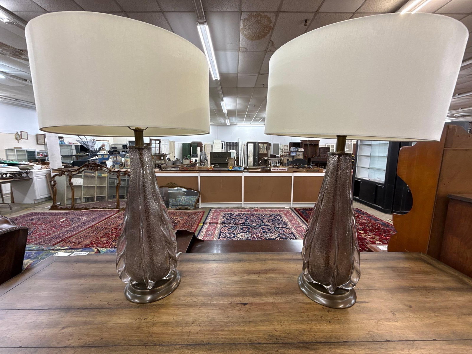 Pair of art glass base lamps with shades: Newer 29" Tall