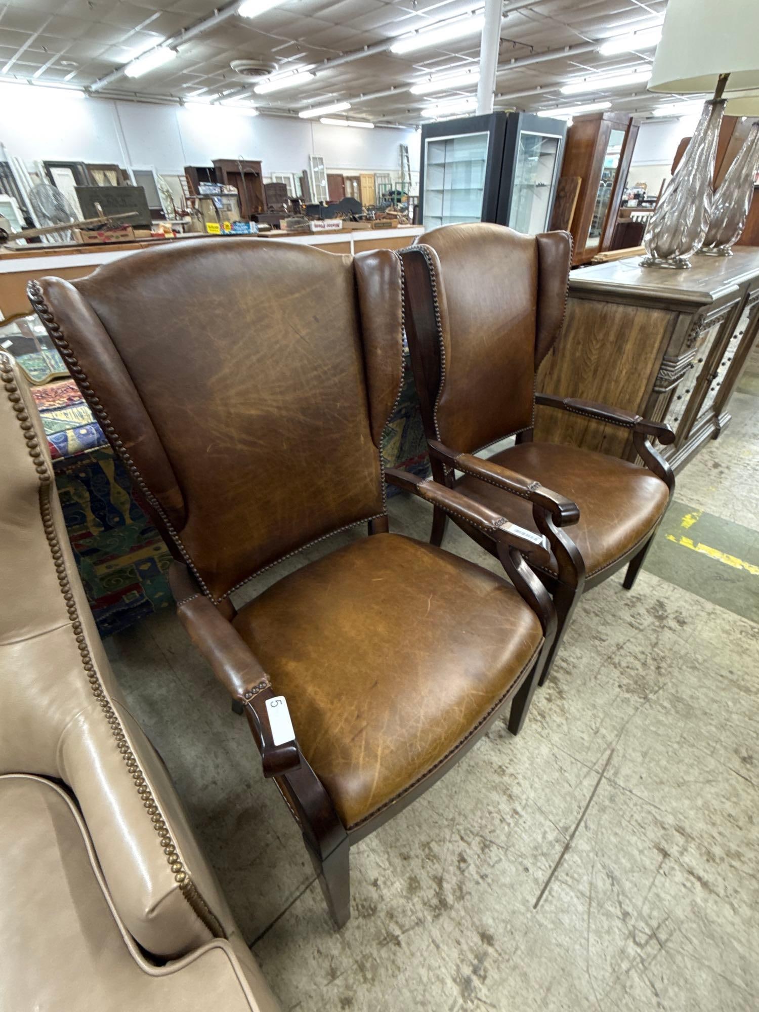 pair of brown leather arm chairs - 2