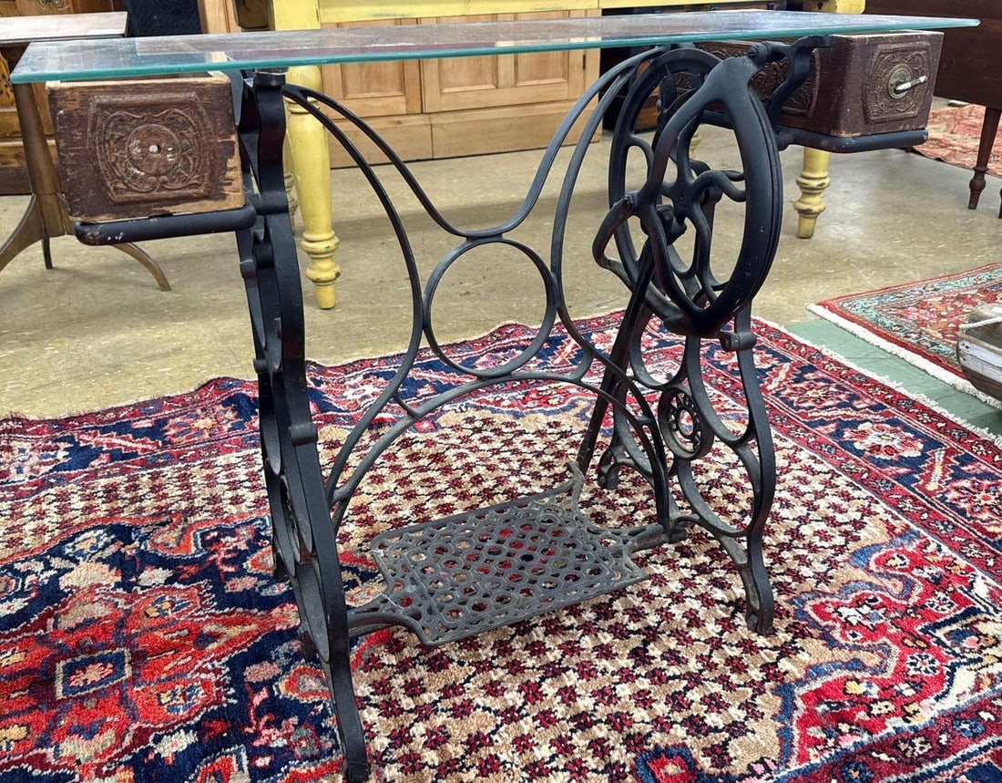 Vintage sewing machine base table: Glass top, not attached 28" x 34" x 14"