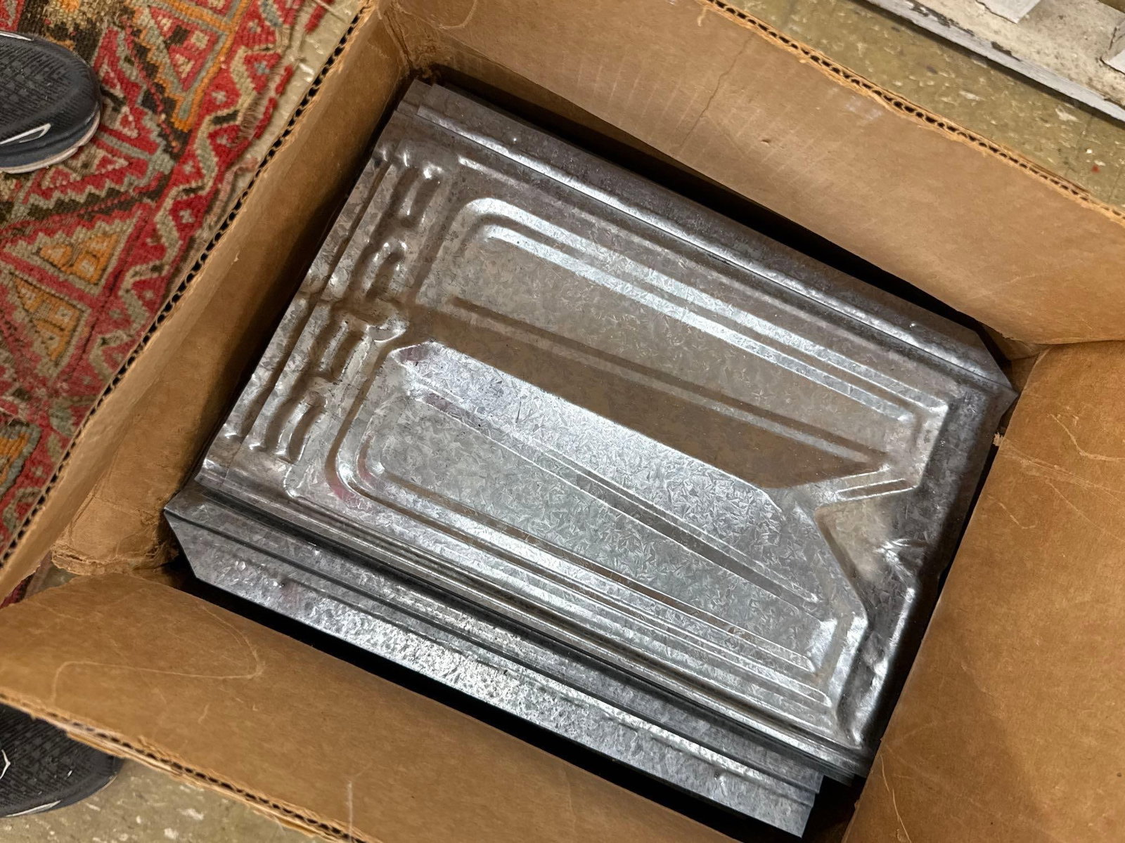 box of metal roofing tiles: Each 14" x 9.5" - Maybe around 40 Pieces 