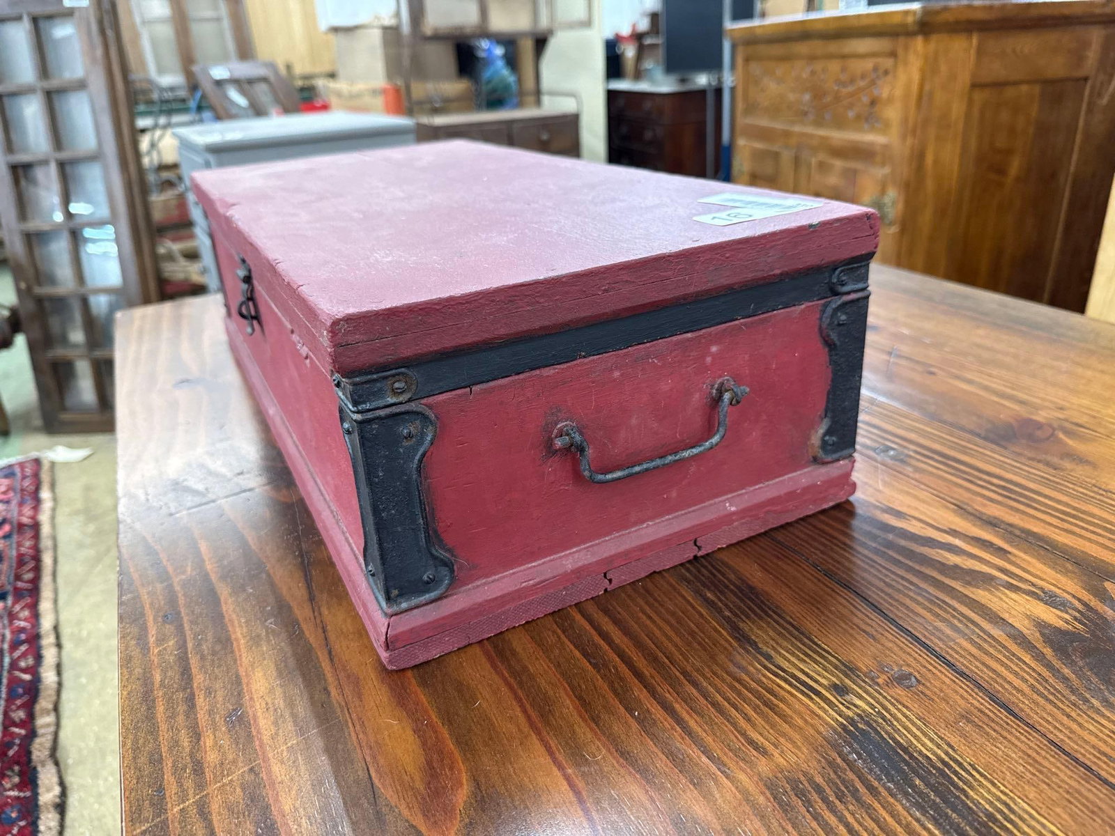 vintage red painted wooden chest - 4