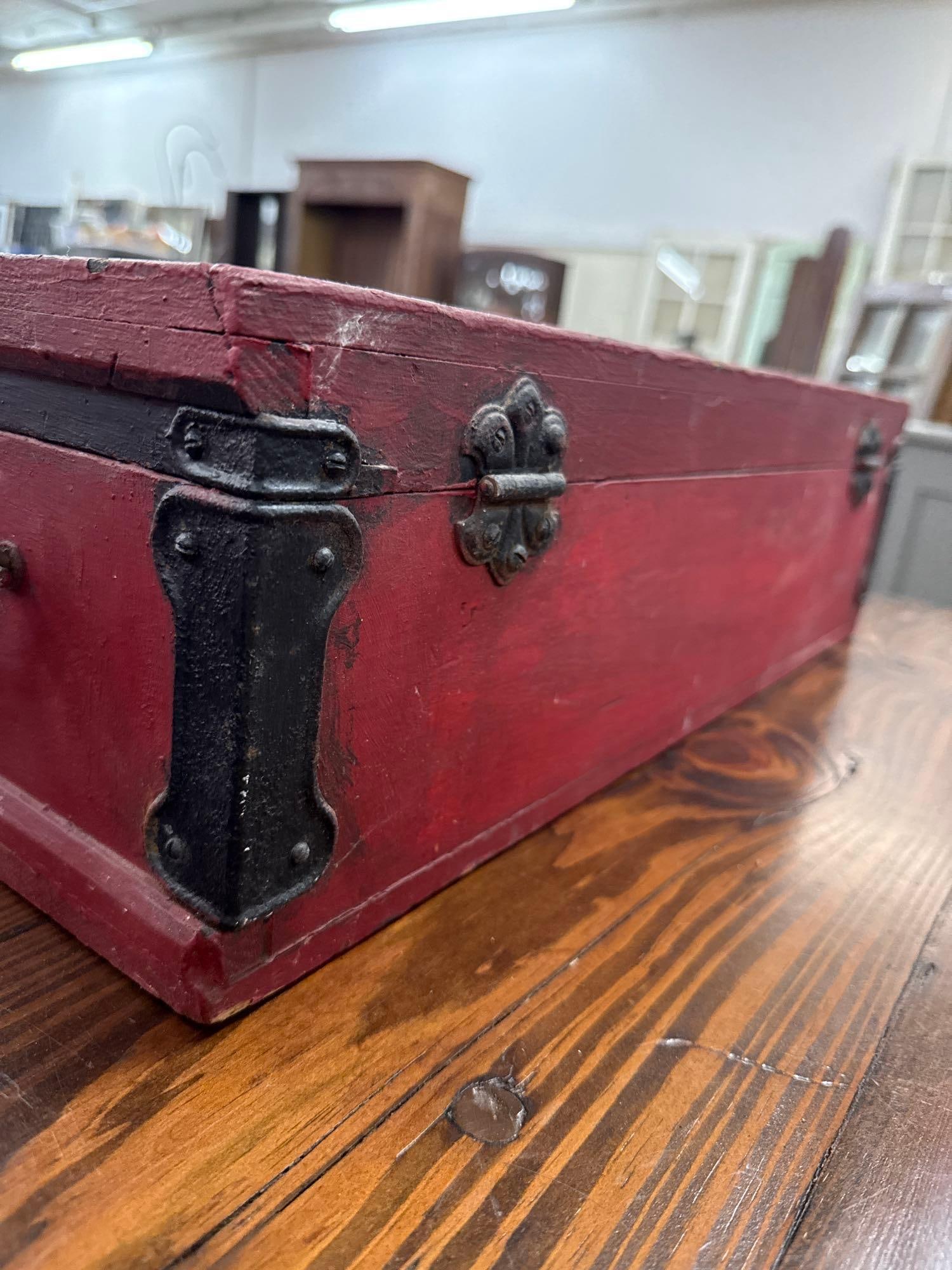 vintage red painted wooden chest - 5