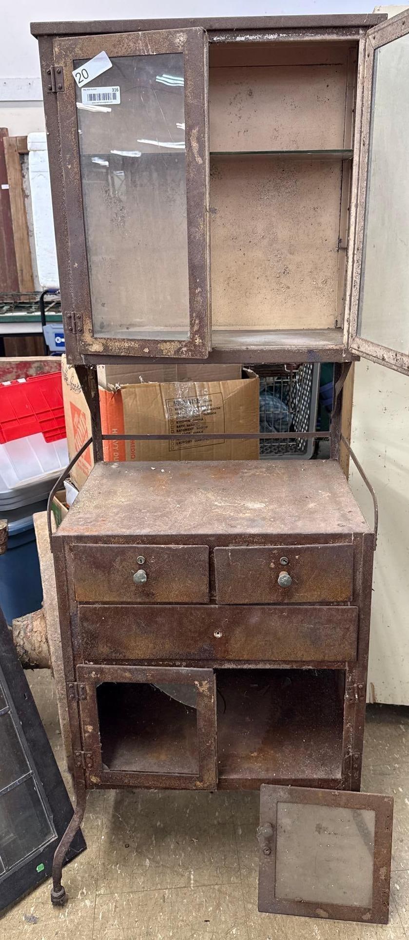 vintage medical cabinet as is: 64.5" x 23" x 16" - 1 Glass Panal Cracked - 1 Panal Missing - Door Needs Reattatched 