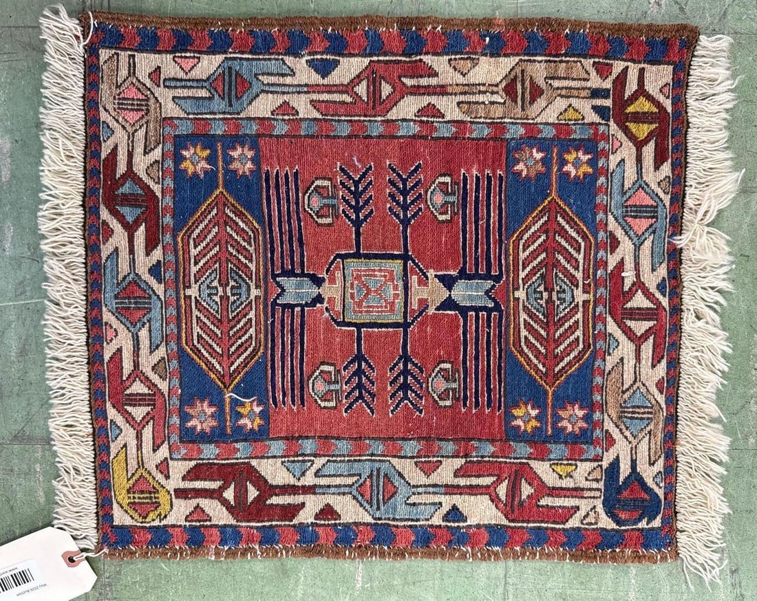 small area rug 19" x 16": 100% wool, made in Iran 19" by 16". Sumak, Kilim