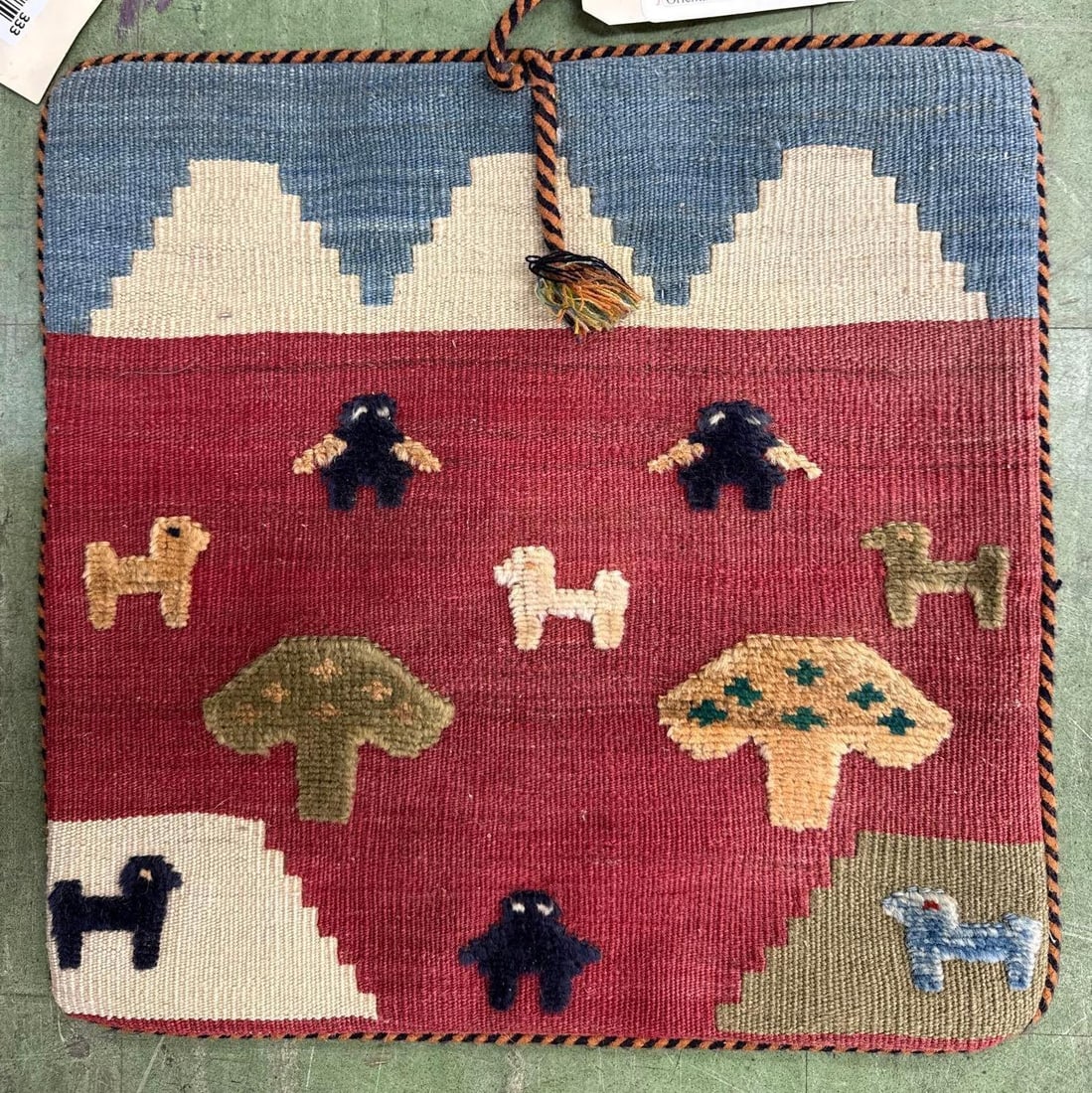 pillow cover/area rug 17" x 17": Wool on wool, 17" by 17". Gabbeh, Iran.