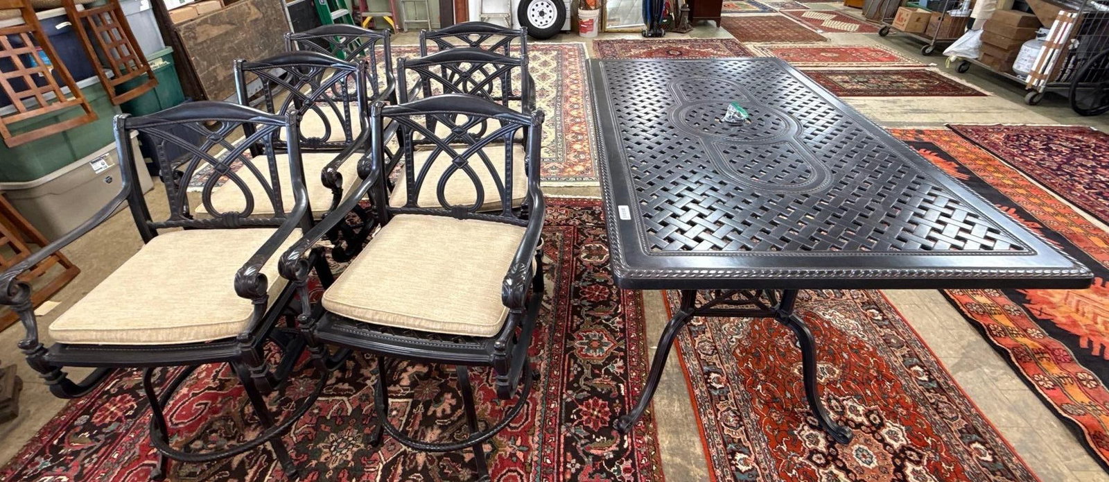 set of patio table and six chairs: Gensun - Table 35.5" x 72" x 42" Each Swivel Arm Chair Is 44" x 26" x 24"
