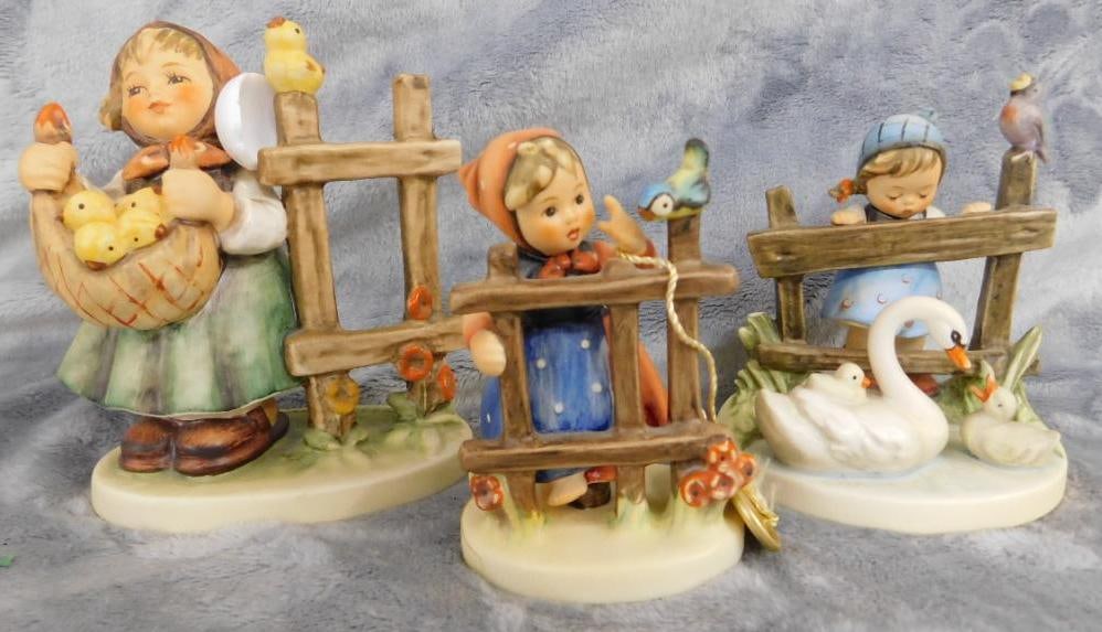 Goebel - M.I. Hummel - 3 Pieces - #774 "Feathered Friends" - #829 "Signs of Spring": #741 "Chicken-Lickin" - Original Boxes - See Photos For Description and Condition