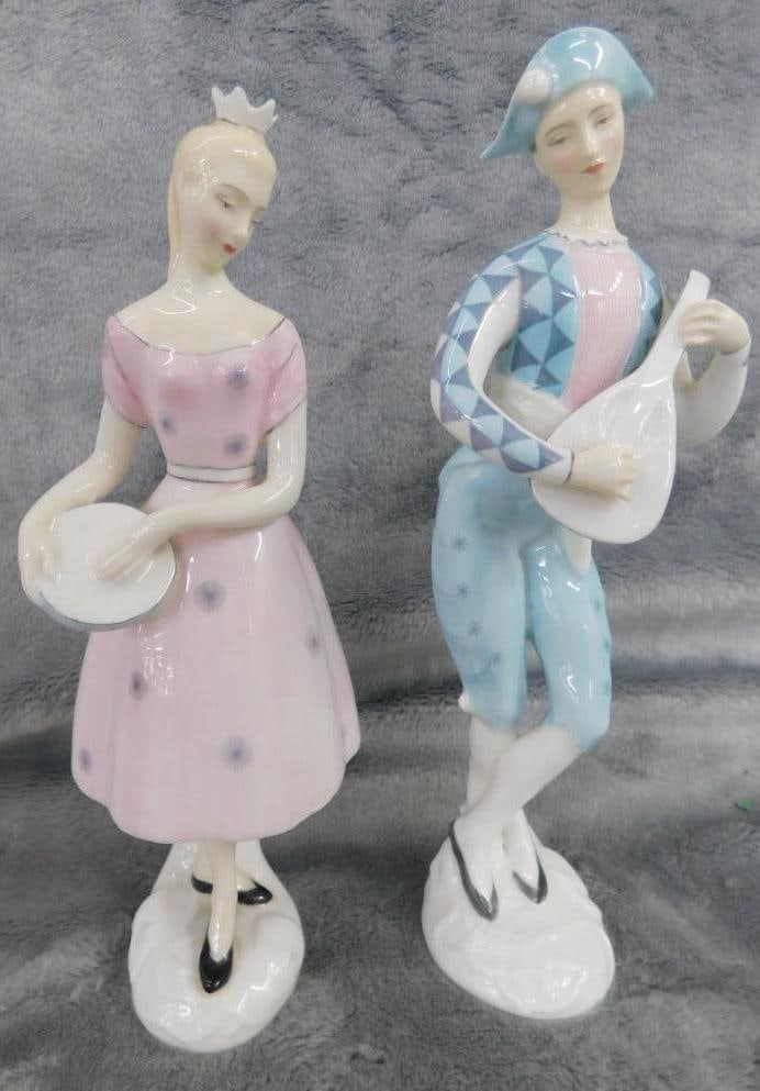 Pair of Royal Doulton Porcelain Figures - "Columbine" and "Harlequin" - Each 7.25" Tall: See Photos For Description and Condition