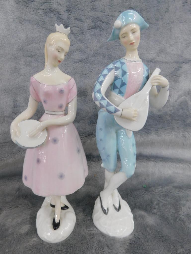 Pair of Royal Doulton Porcelain Figures - "Columbine" and "Harlequin" - Each 7.25" Tall - 8