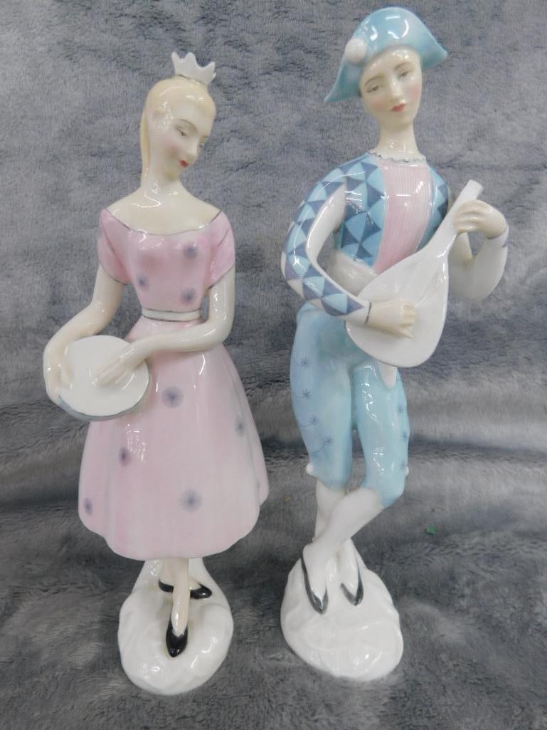 Pair of Royal Doulton Porcelain Figures - "Columbine" and "Harlequin" - Each 7.25" Tall - 9