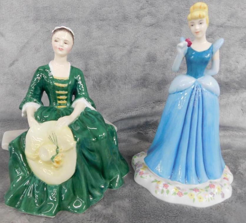 Pair of Royal Doulton Lady Figures - "Lady From Williamsburg" - "Cinderella": 6.25" and 7" Tall - See Photos For Description and Condition