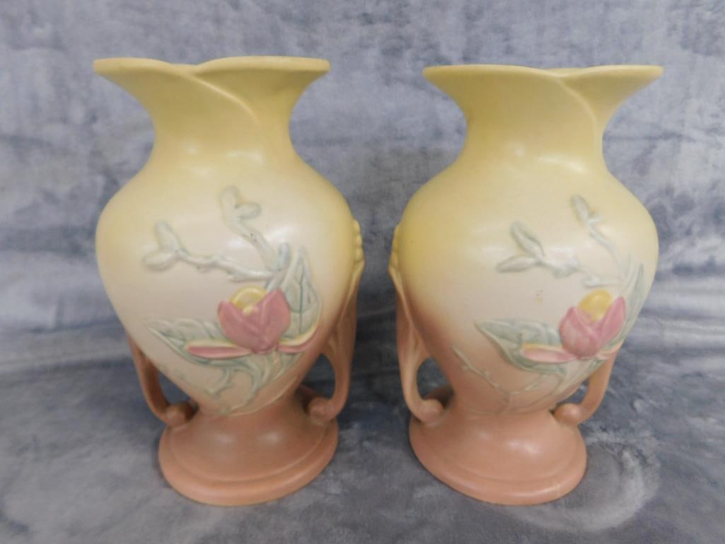Pair of Hull Pottery Matching Double Handled Vases - Each 9" x 6" - 2
