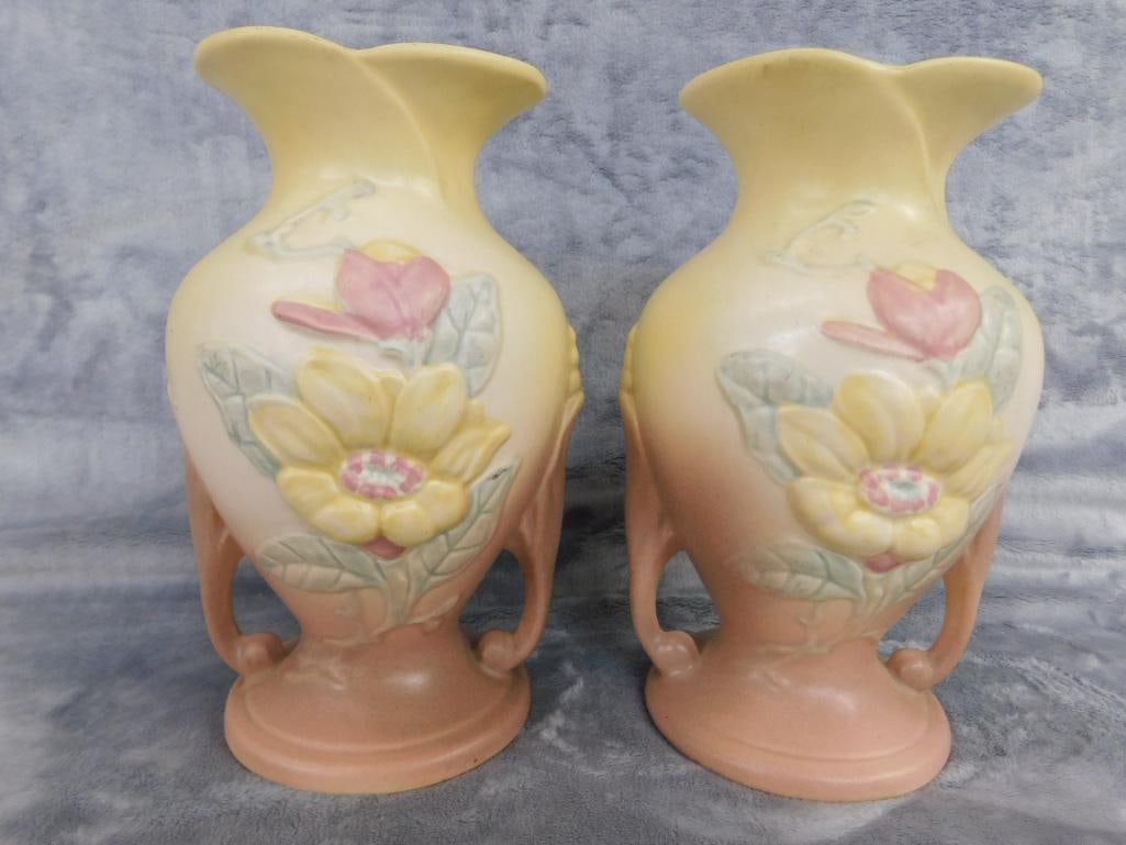 Pair of Hull Pottery Matching Double Handled Vases - Each 9" x 6" - 5